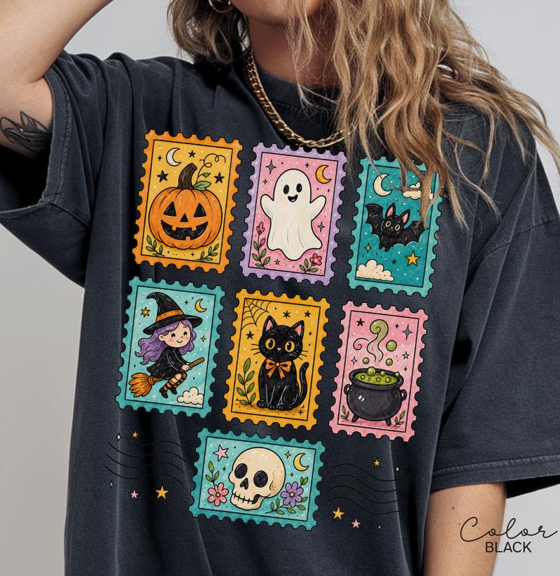 Postage Stamp Halloween T-Shirt, Cute Spooky Witch Cat Ghost Tee, Comfort Colors Tee