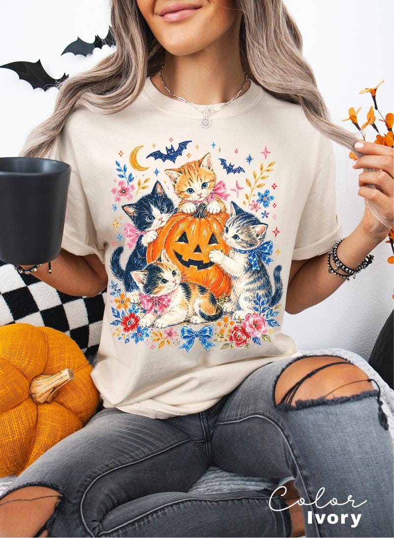 Halloween Cat T-Shirt, Pumpkin Jack O Lantern Graphic Tee, Comfort Colors Tee, Fall Seasonal Shirt, Cute Cat Lover Gift