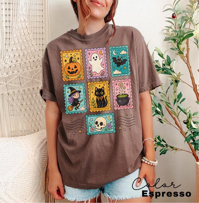 Postage Stamp Halloween T-Shirt, Cute Spooky Witch Cat Ghost Tee, Comfort Colors Tee
