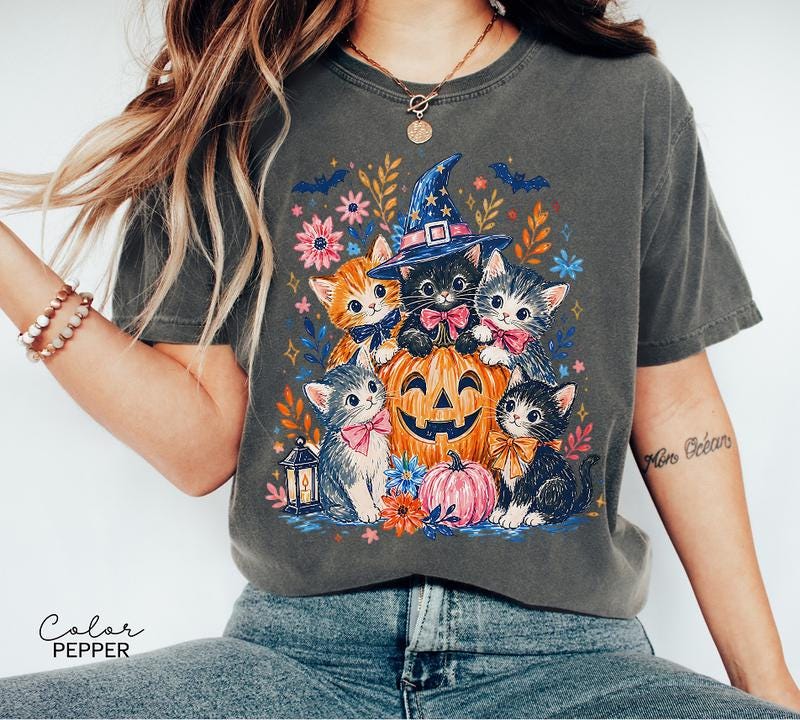 Halloween Cat Shirt, Cute Witchy Cat Graphic Tee, Pumpkin Patch Fall Spooky Season T-Shirt