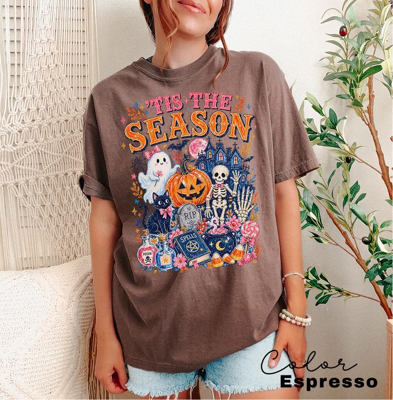 Tis the Season Halloween T-Shirt, Ghost Pumpkin Skeleton Graphic Tee, Witchy Cute Fall Shirt, Spooky Season Tee
