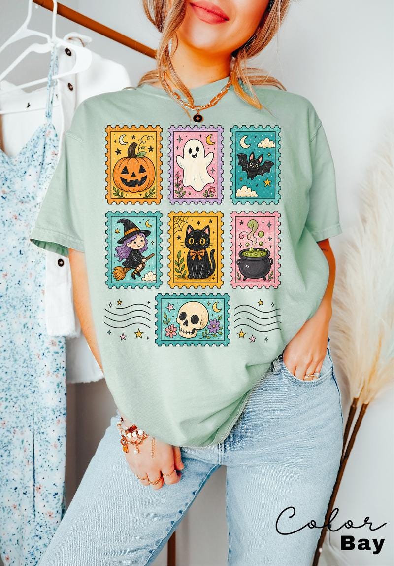 Postage Stamp Halloween T-Shirt, Cute Spooky Witch Cat Ghost Tee, Comfort Colors Tee
