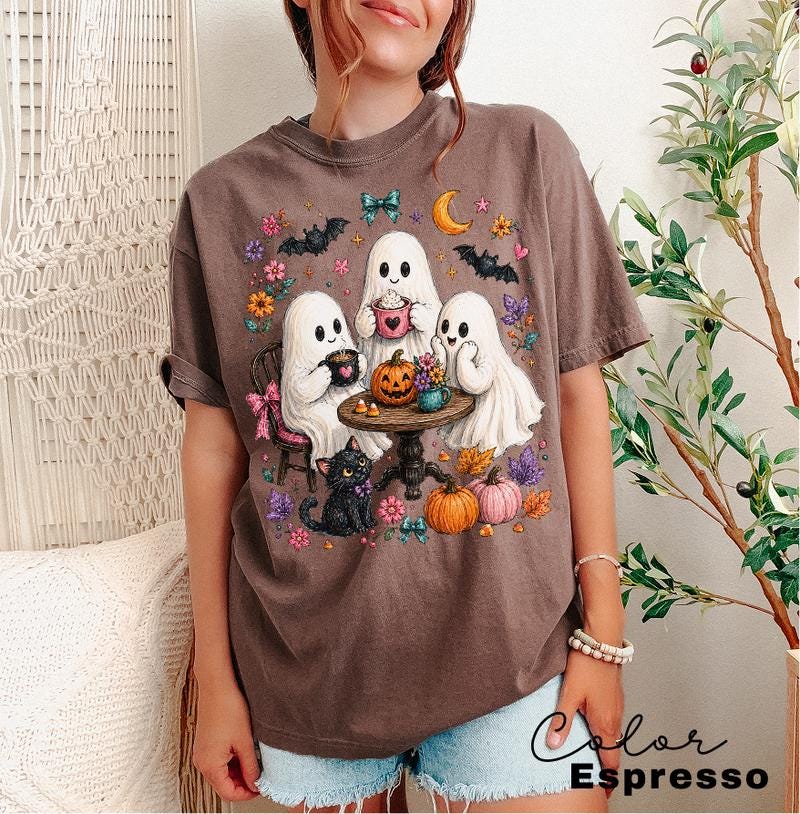 Halloween Ghost T-Shirt, Cute Spooky Graphic Tee, Fall Autumn Witchy Woman Shirt, Cat Lover Coffee Tee