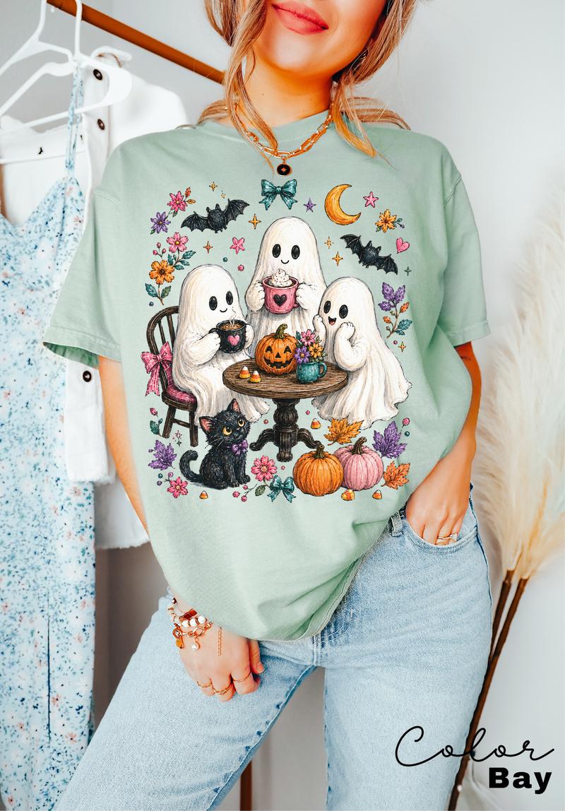 Halloween Ghost T-Shirt, Cute Spooky Graphic Tee, Fall Autumn Witchy Woman Shirt, Cat Lover Coffee Tee
