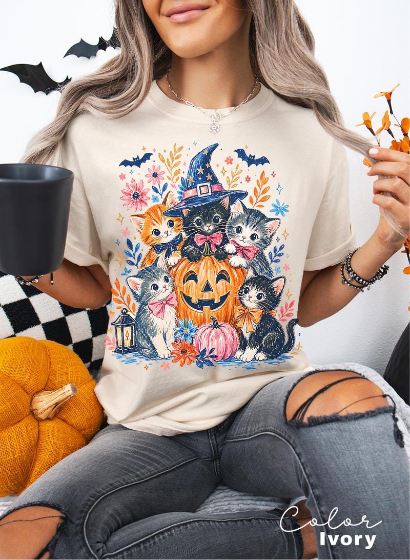 Halloween Cat Shirt, Cute Witchy Cat Graphic Tee, Pumpkin Patch Fall Spooky Season T-Shirt