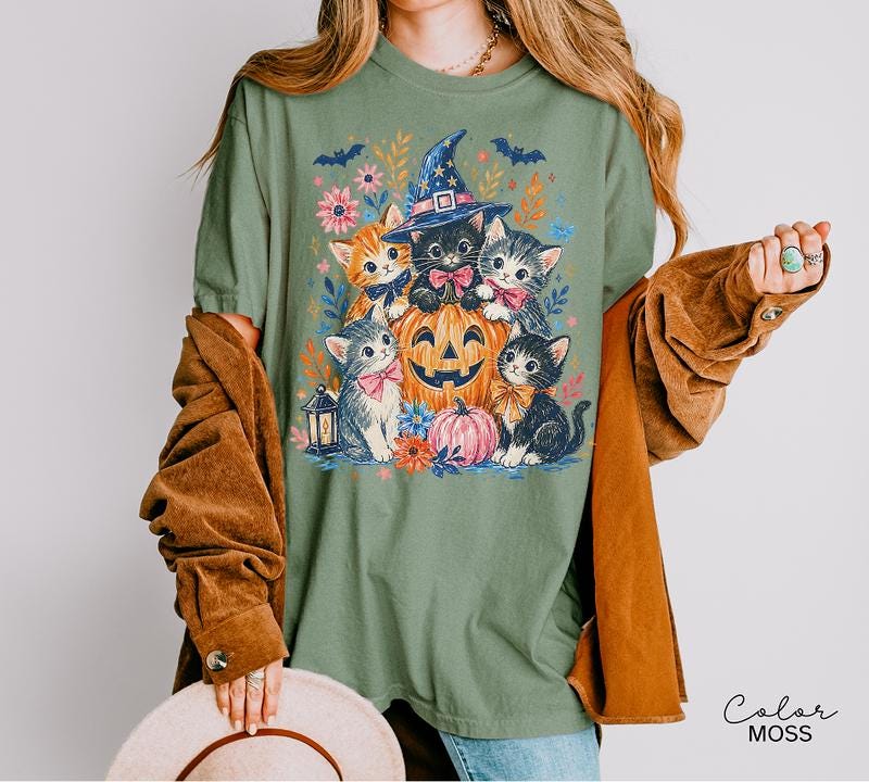 Halloween Cat Shirt, Cute Witchy Cat Graphic Tee, Pumpkin Patch Fall Spooky Season T-Shirt