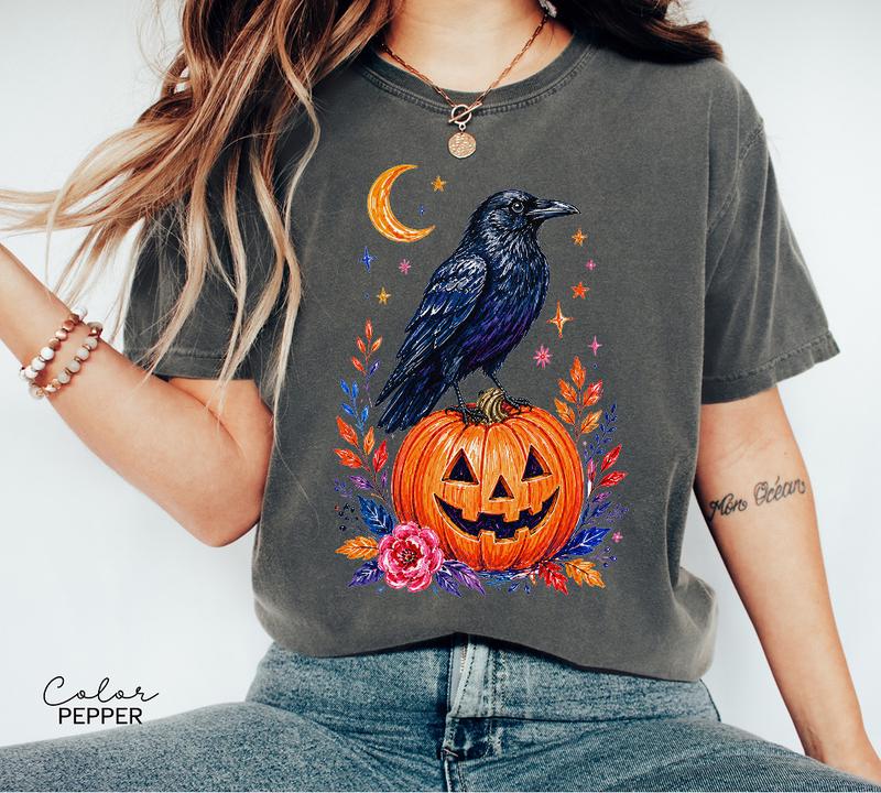 Halloween Raven Pumpkin Shirt, Fall Autumn Graphic Tee, Comfort Colors, Crow Halloween Shirt