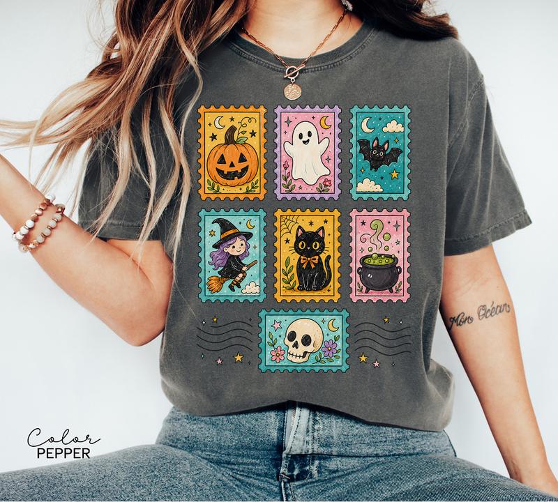 Postage Stamp Halloween T-Shirt, Cute Spooky Witch Cat Ghost Tee, Comfort Colors Tee