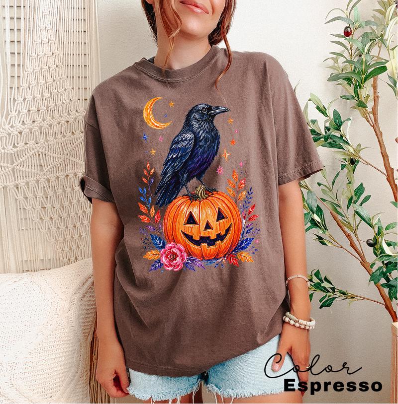 Halloween Raven Pumpkin Shirt, Fall Autumn Graphic Tee, Comfort Colors, Crow Halloween Shirt