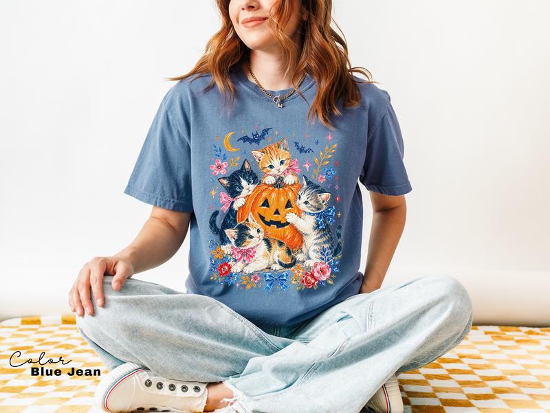 Halloween Cat T-Shirt, Pumpkin Jack O Lantern Graphic Tee, Comfort Colors Tee, Fall Seasonal Shirt, Cute Cat Lover Gift