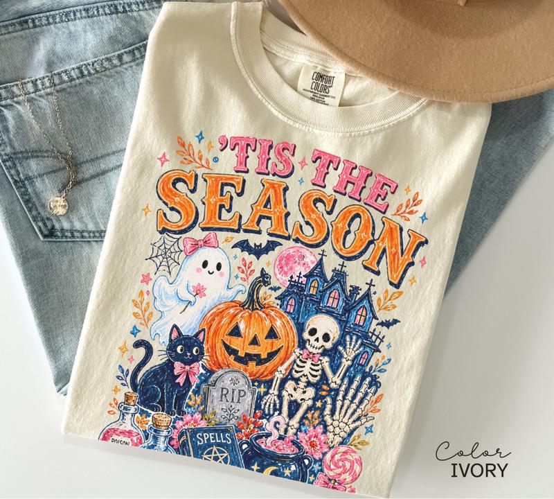 Tis the Season Halloween T-Shirt, Ghost Pumpkin Skeleton Graphic Tee, Witchy Cute Fall Shirt, Spooky Season Tee