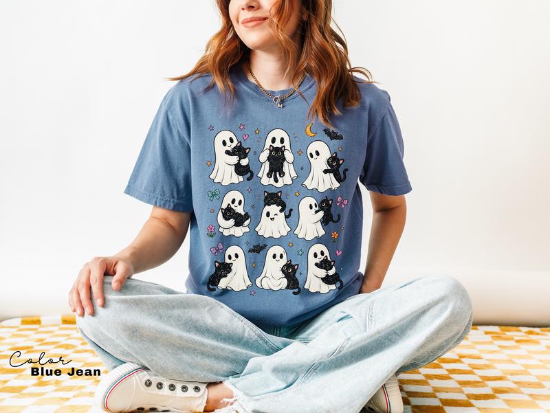 Cute Ghost Cat Halloween Shirt, Black Cat Graphic Tee, Spooky Season Cute Tee
