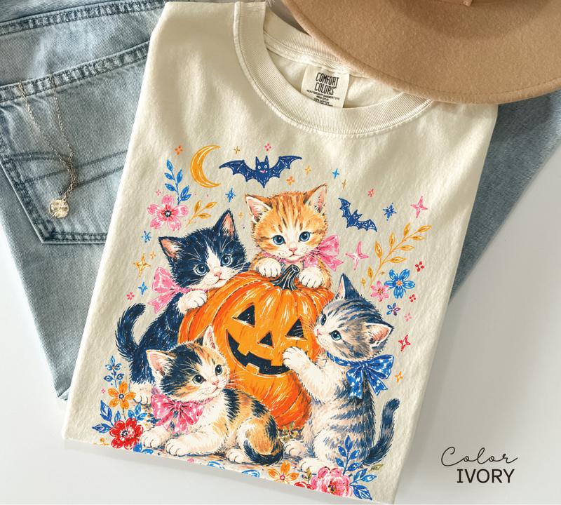 Halloween Cat T-Shirt, Pumpkin Jack O Lantern Graphic Tee, Comfort Colors Tee, Fall Seasonal Shirt, Cute Cat Lover Gift