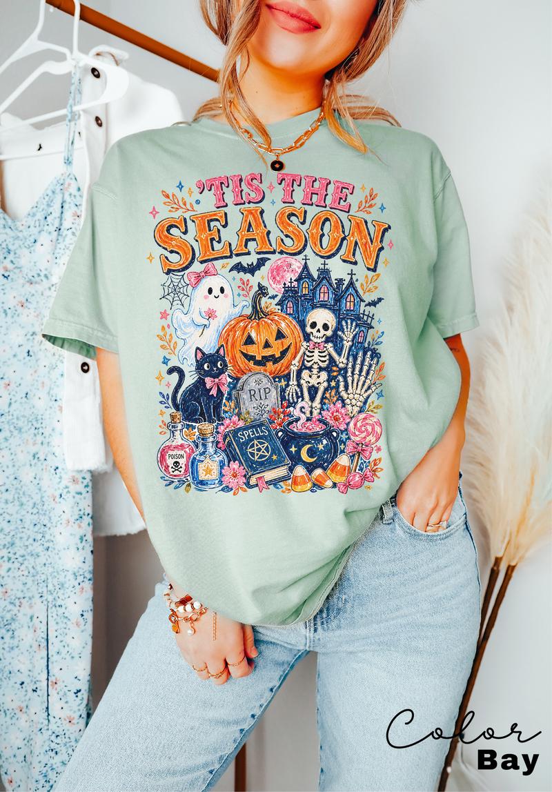 Tis the Season Halloween T-Shirt, Ghost Pumpkin Skeleton Graphic Tee, Witchy Cute Fall Shirt, Spooky Season Tee