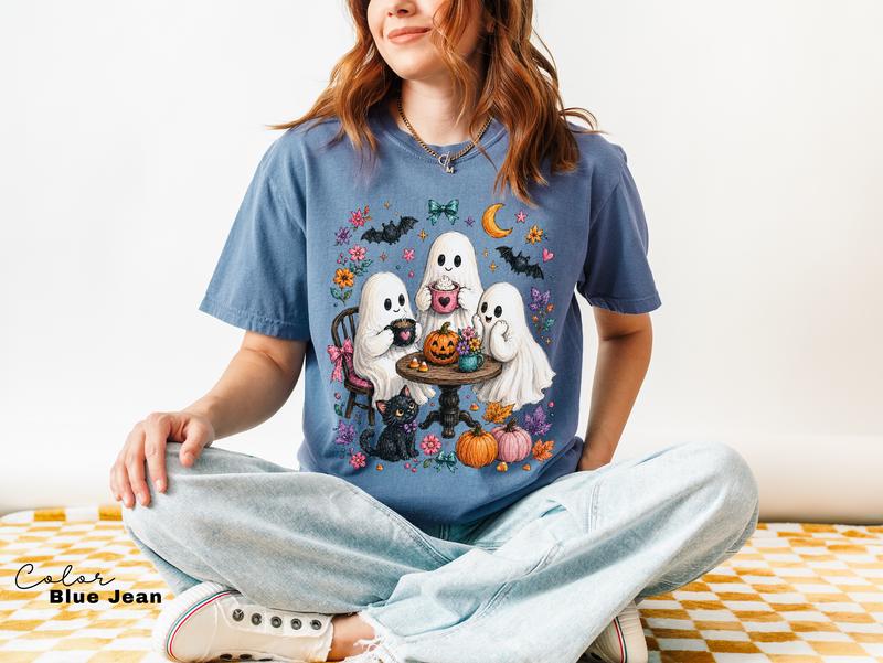 Halloween Ghost T-Shirt, Cute Spooky Graphic Tee, Fall Autumn Witchy Woman Shirt, Cat Lover Coffee Tee