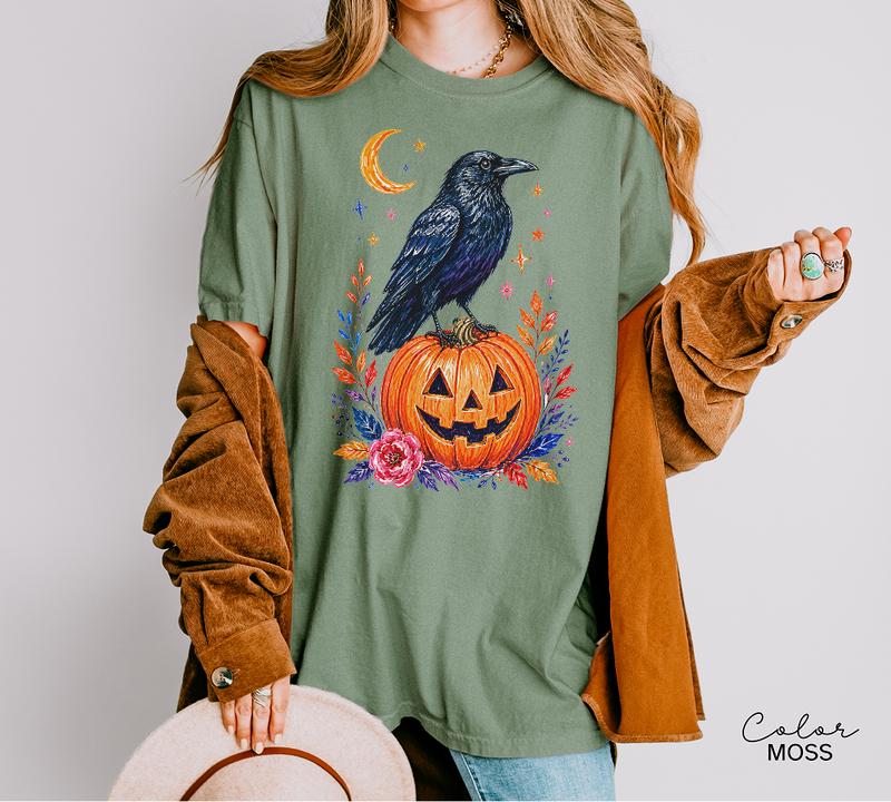 Halloween Raven Pumpkin Shirt, Fall Autumn Graphic Tee, Comfort Colors, Crow Halloween Shirt