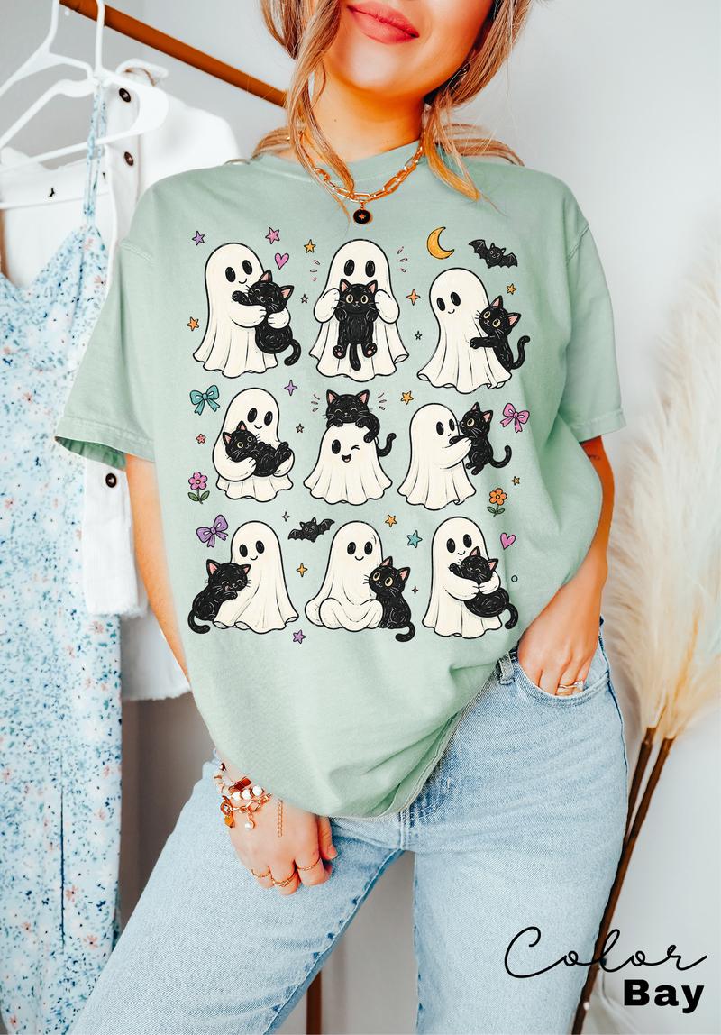 Cute Ghost Cat Halloween Shirt, Black Cat Graphic Tee, Spooky Season Cute Tee