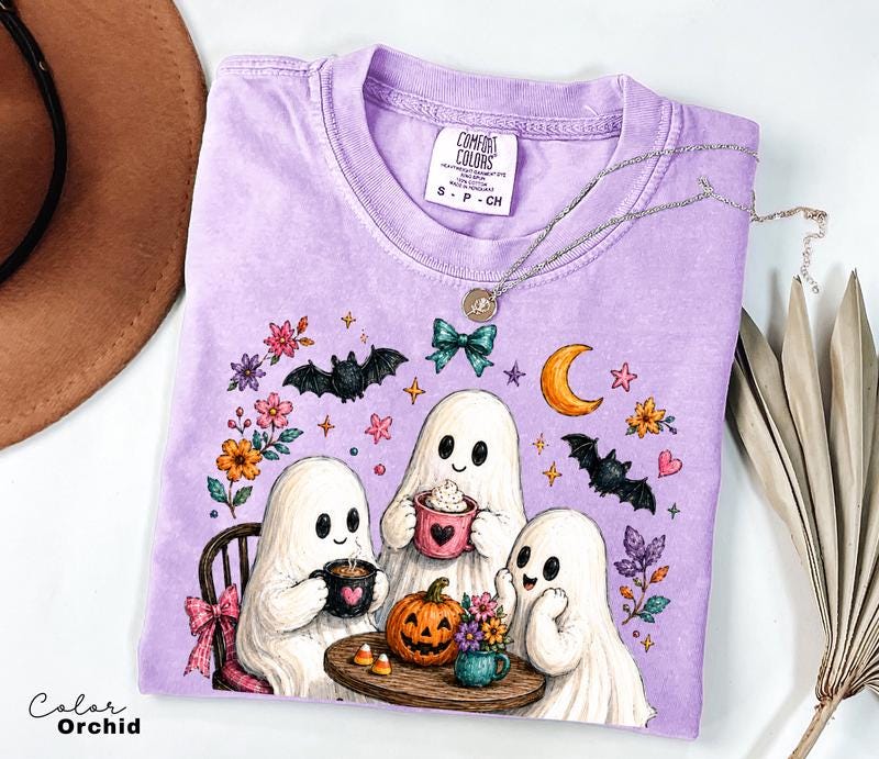 Halloween Ghost T-Shirt, Cute Spooky Graphic Tee, Fall Autumn Witchy Woman Shirt, Cat Lover Coffee Tee