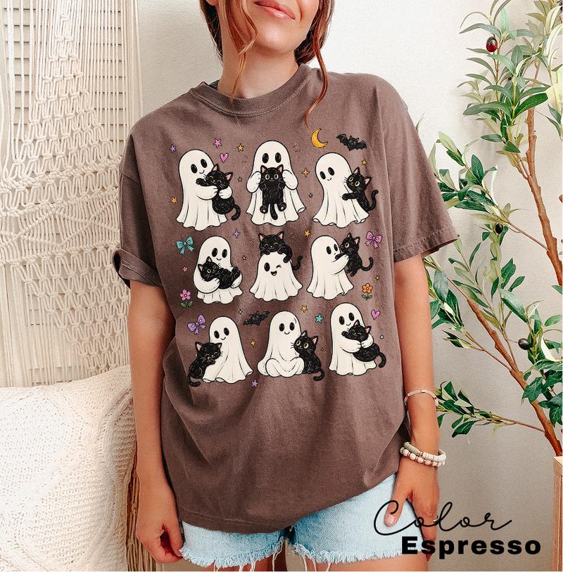 Cute Ghost Cat Halloween Shirt, Black Cat Graphic Tee, Spooky Season Cute Tee