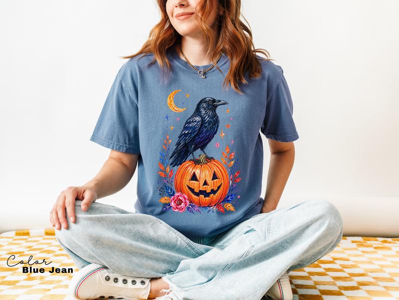 Halloween Raven Pumpkin Shirt, Fall Autumn Graphic Tee, Comfort Colors, Crow Halloween Shirt