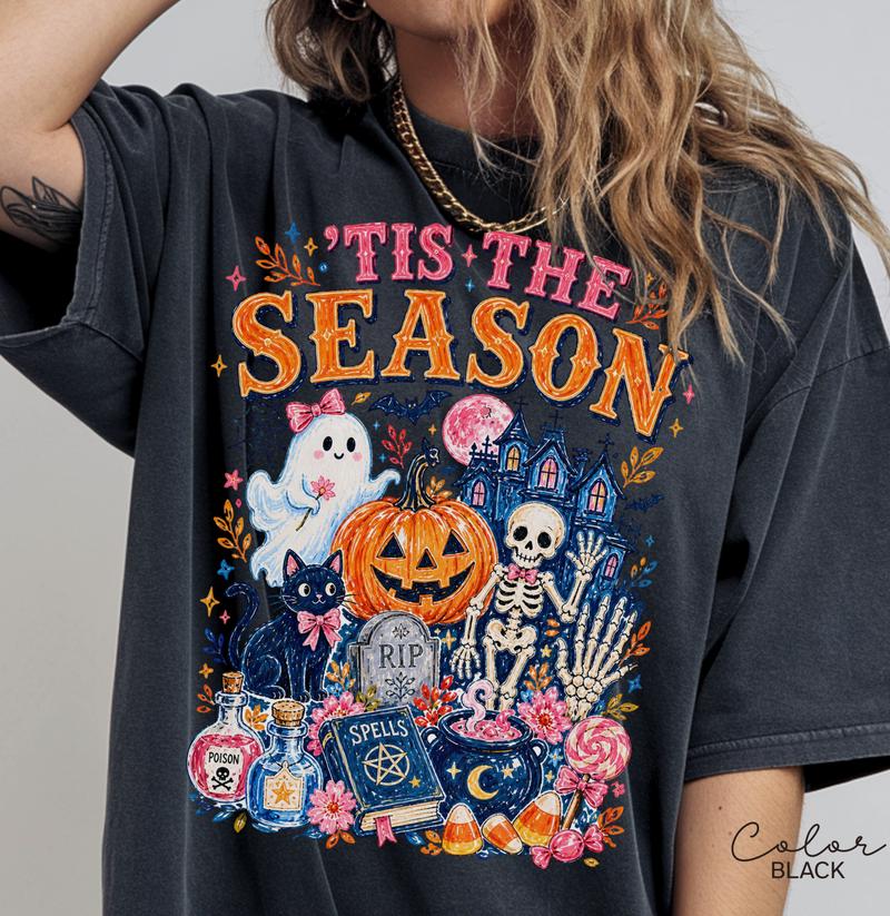 Tis the Season Halloween T-Shirt, Ghost Pumpkin Skeleton Graphic Tee, Witchy Cute Fall Shirt, Spooky Season Tee