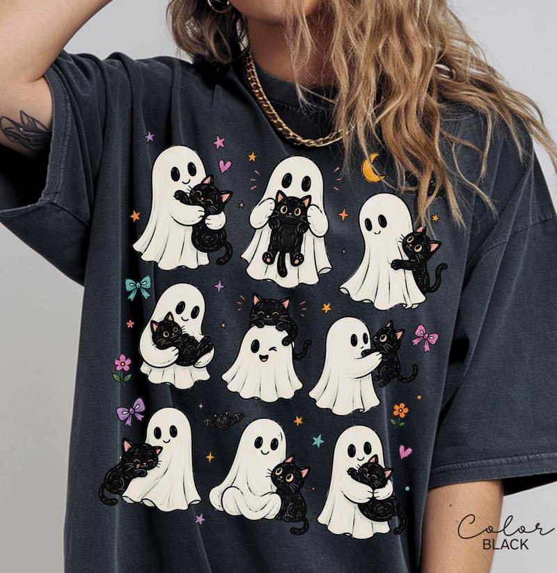 Cute Ghost Cat Halloween Shirt, Black Cat Graphic Tee, Spooky Season Cute Tee