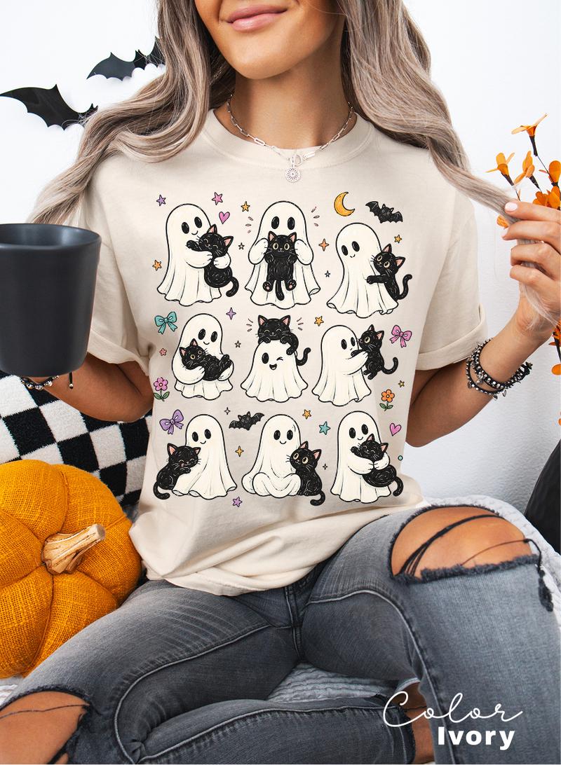 Cute Ghost Cat Halloween Shirt, Black Cat Graphic Tee, Spooky Season Cute Tee
