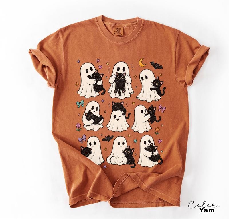 Cute Ghost Cat Halloween Shirt, Black Cat Graphic Tee, Spooky Season Cute Tee