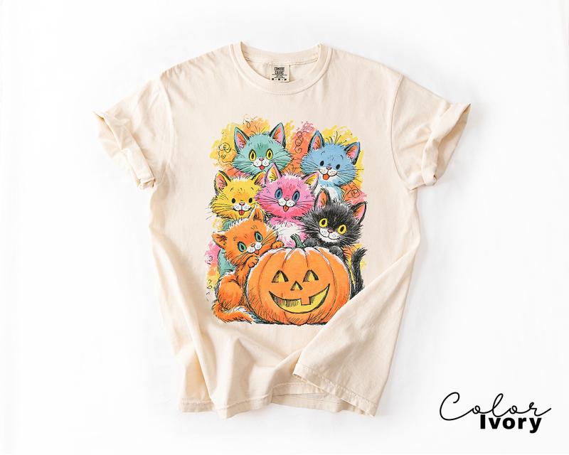 Halloween Cat T-Shirt, Pumpkin Graphic Tee, Comfort Colors Fall Shirt, Cute Cat Halloween Tee