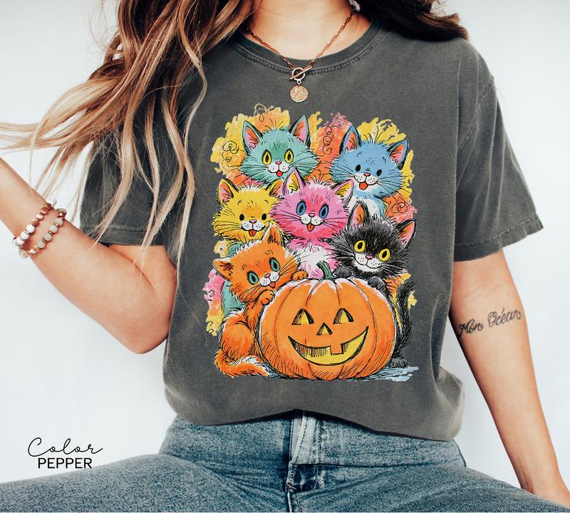 Halloween Cat T-Shirt, Pumpkin Graphic Tee, Comfort Colors Fall Shirt, Cute Cat Halloween Tee