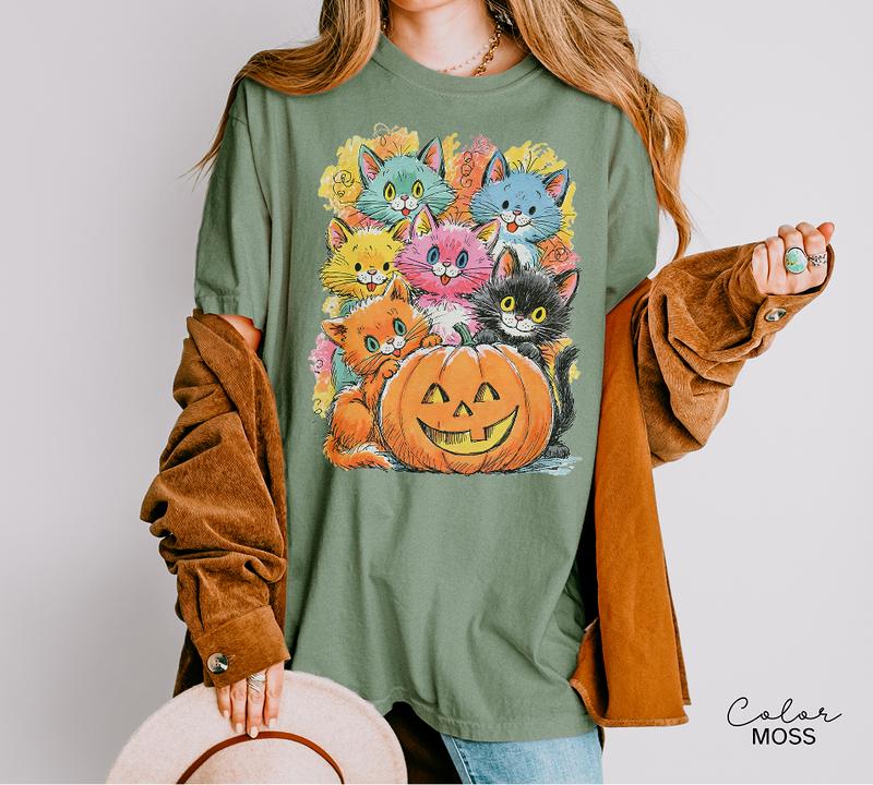 Halloween Cat T-Shirt, Pumpkin Graphic Tee, Comfort Colors Fall Shirt, Cute Cat Halloween Tee