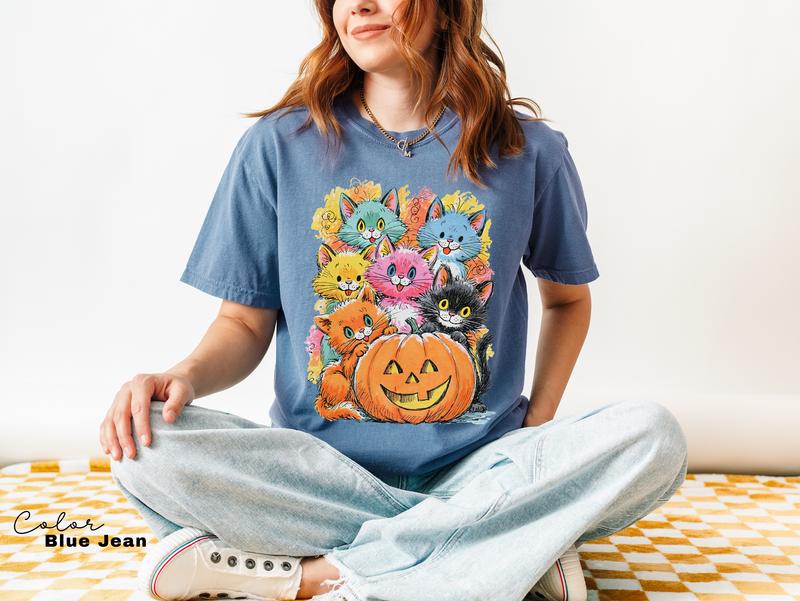 Halloween Cat T-Shirt, Pumpkin Graphic Tee, Comfort Colors Fall Shirt, Cute Cat Halloween Tee