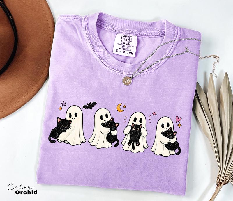 Ghost Cat Halloween Shirt, Spooky Season Graphic Tee, Comfort Colors Tee, Black Cat Ghost T-Shirt for Women