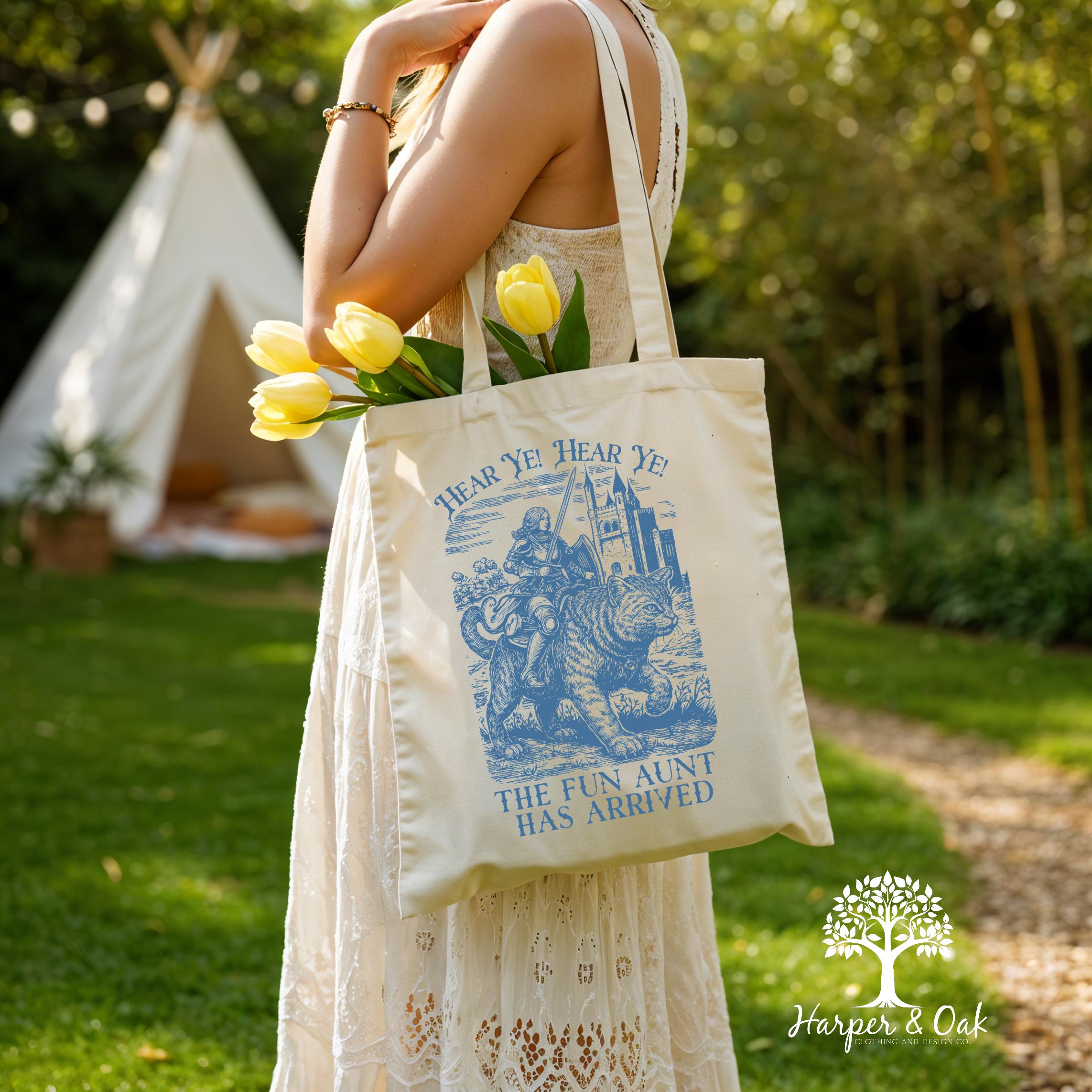 Funny Aunt Tote Bag, Knight Cat Rider, Fun Aunt, Pregnancy Reveal to Sister Auntie Cool Aunt, New Aunt, Sister Gift,