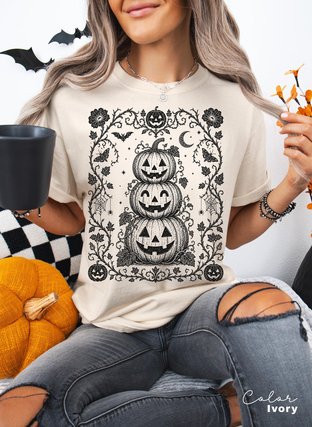 Gothic Pumpkin Halloween Shirt, Jack O Lantern Flower Tee, Dark Floral Halloween