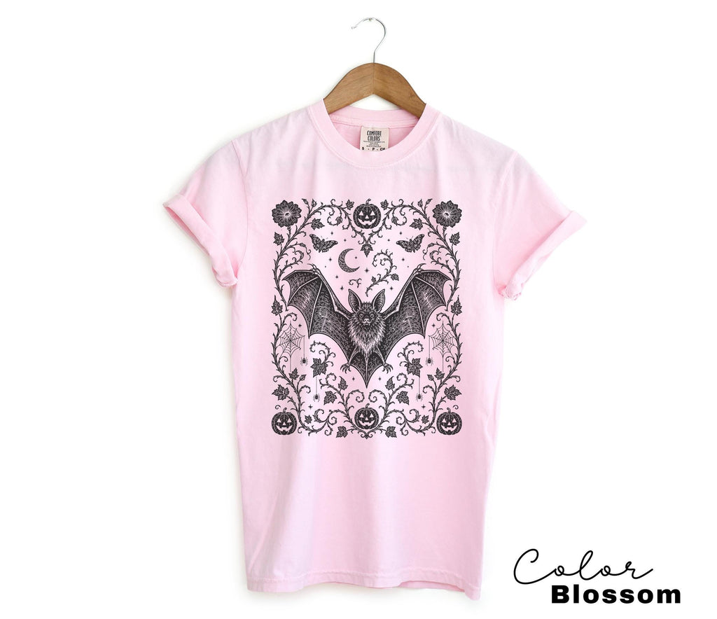 Dark Gothic Bat Halloween Shirt, Botanical Bat Tee, Witchy Floral Halloween, Spooky Bat Gift For Her
