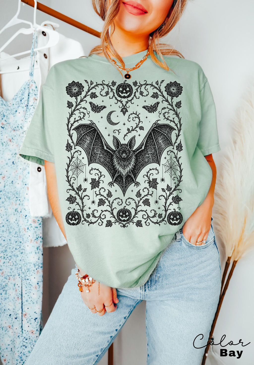 Dark Gothic Bat Halloween Shirt, Botanical Bat Tee, Witchy Floral Halloween, Spooky Bat Gift For Her
