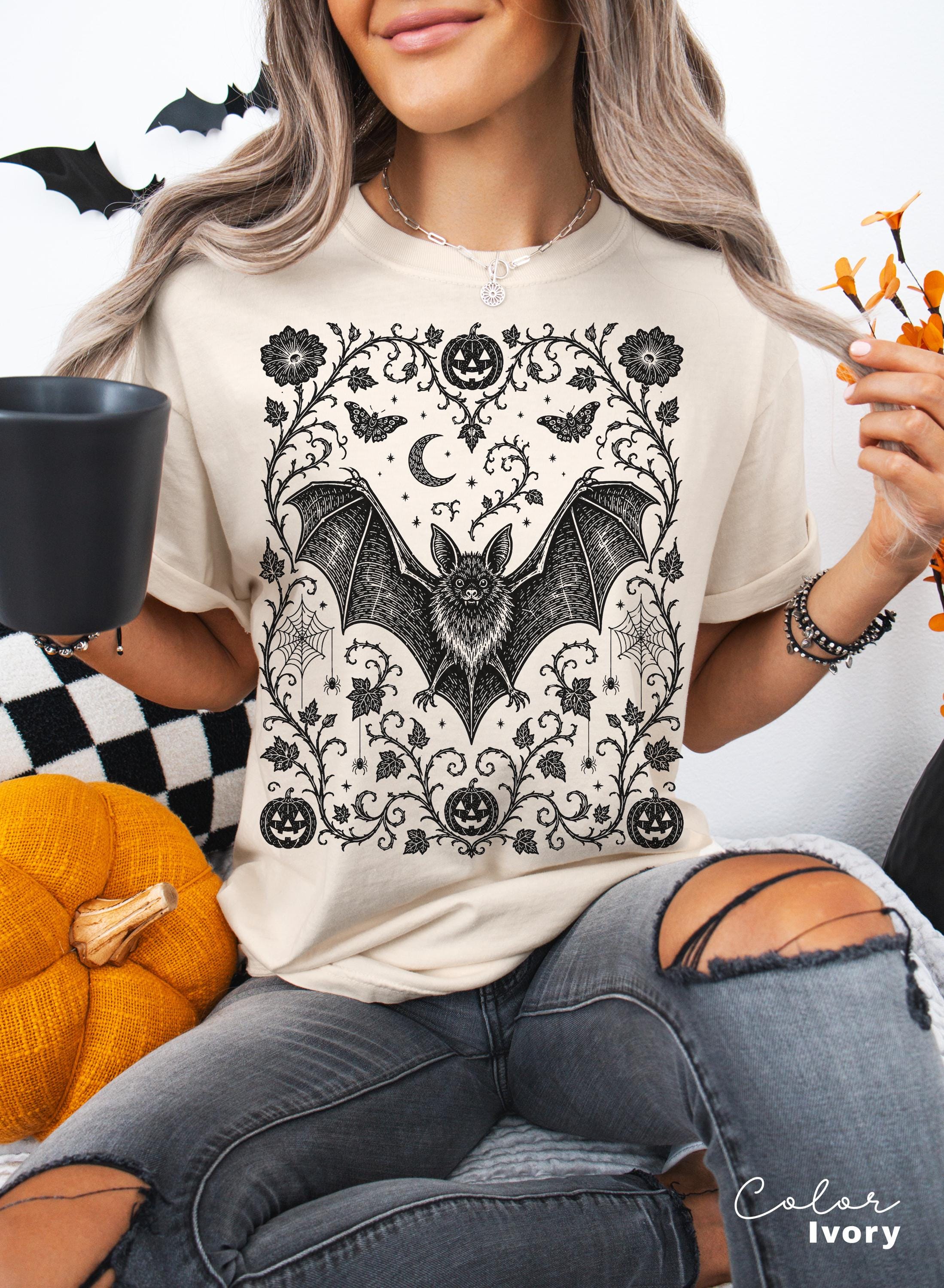 Dark Gothic Bat Halloween Shirt, Botanical Bat Tee, Witchy Floral Halloween, Spooky Bat Gift For Her
