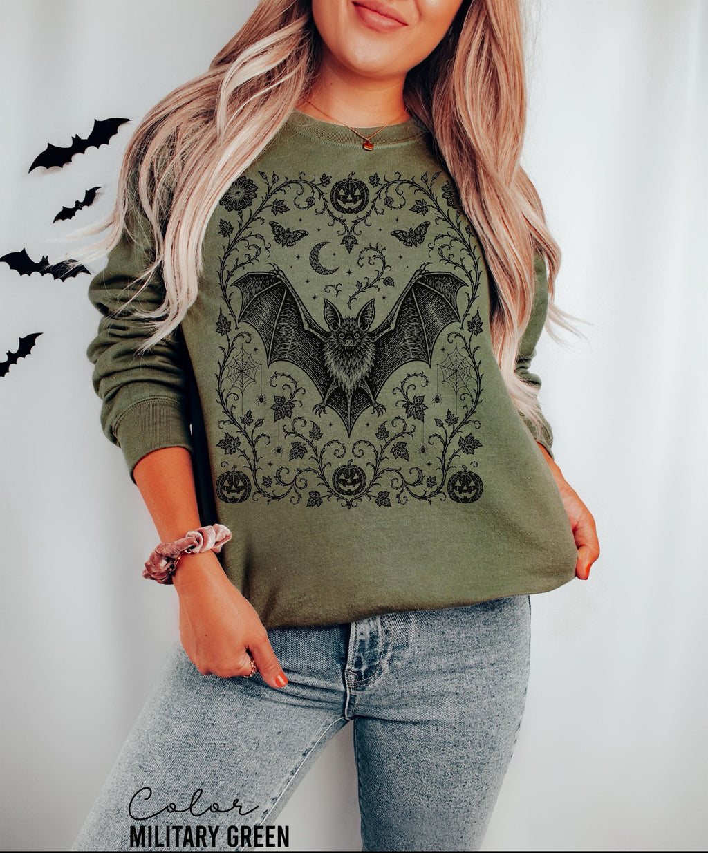 Dark Gothic Bat Halloween Shirt, Botanical Bat Tee