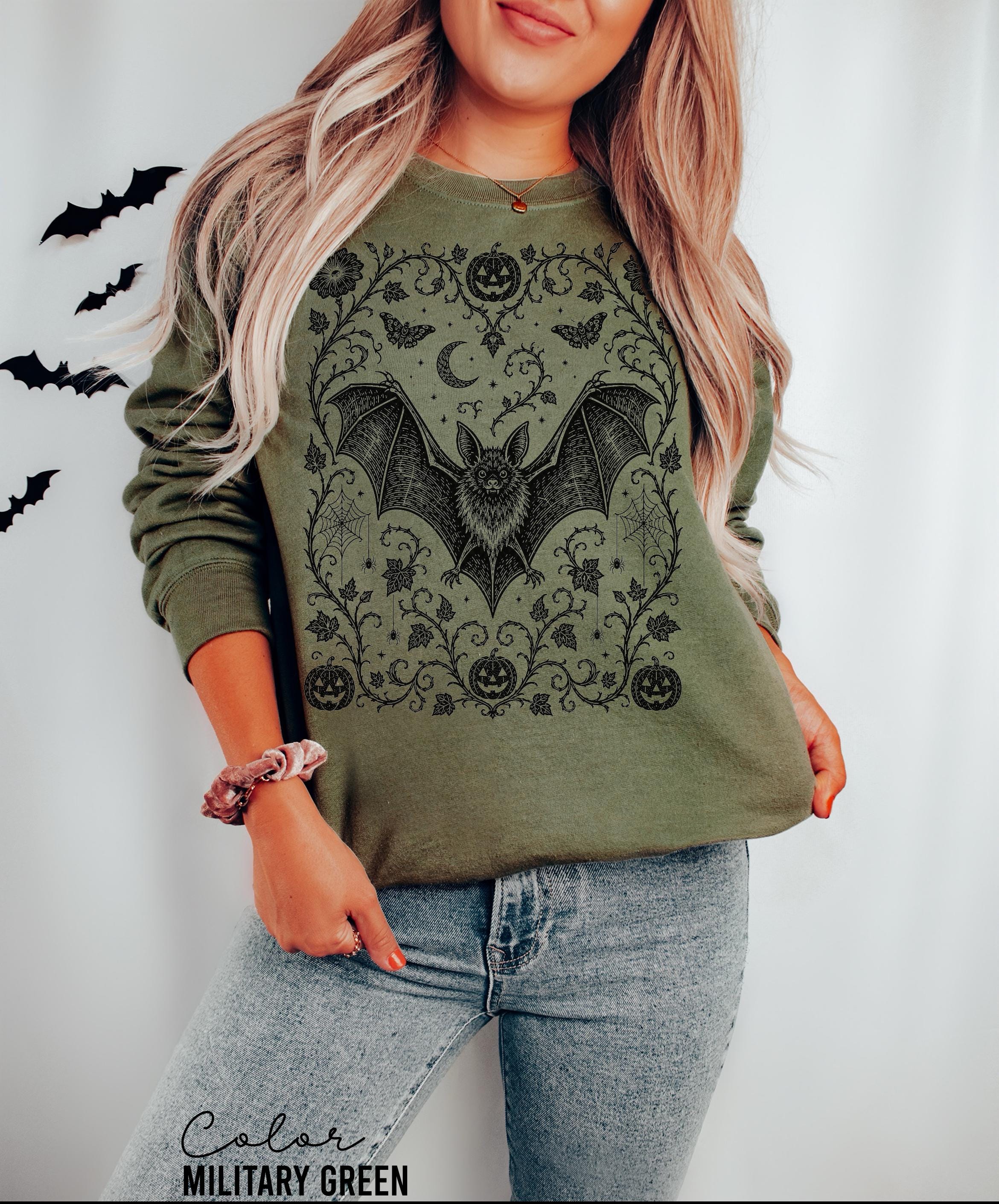 Dark Gothic Bat Halloween Shirt, Botanical Bat Tee