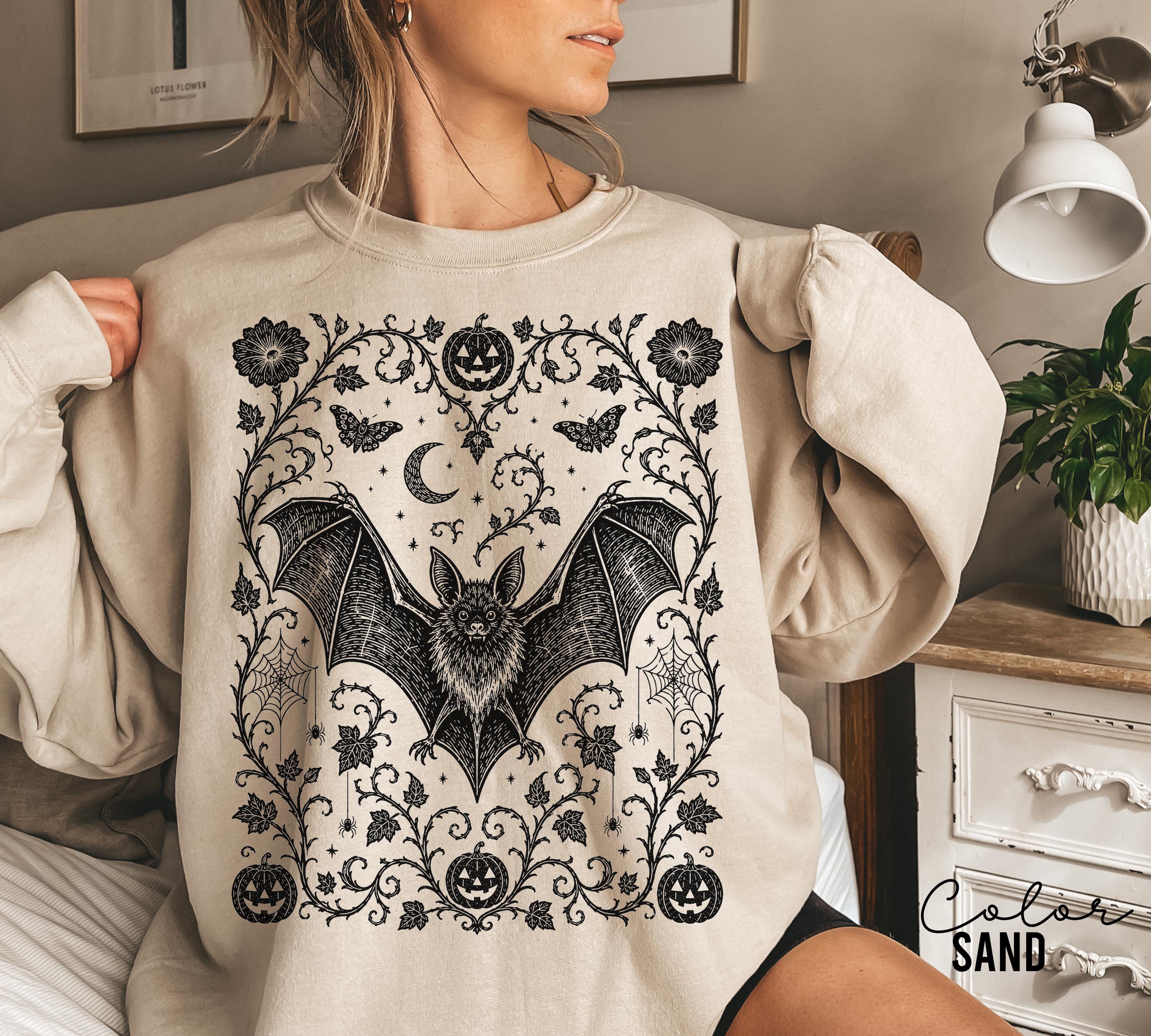Dark Gothic Bat Halloween Shirt, Botanical Bat Tee, Witchy Floral Halloween, Spooky Bat Gift For Her