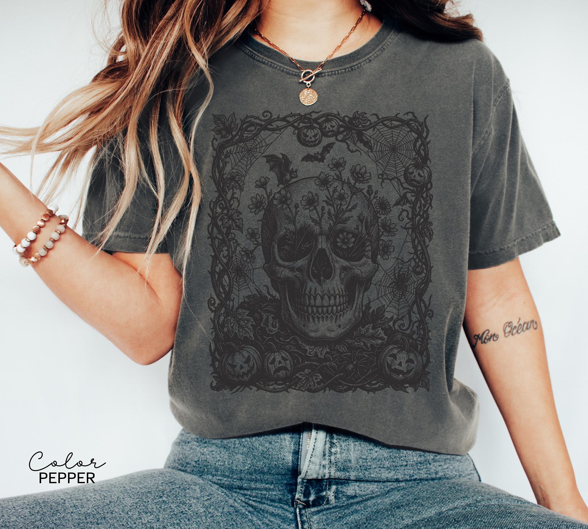 Dark Floral Skull Halloween Shirt, Gothic Skull Tee, Witchy Skull Halloween, Skull Lover Gift For Her