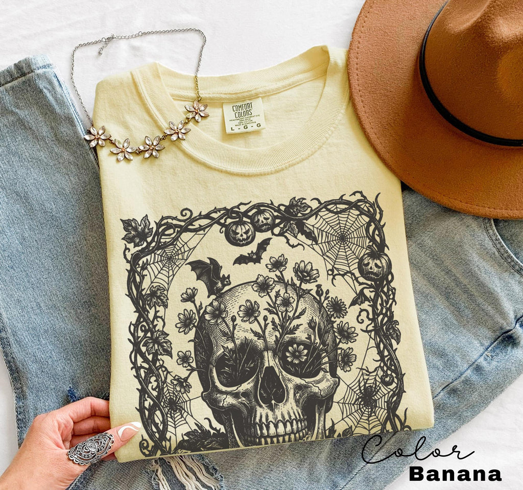 Dark Floral Skull Halloween Shirt, Gothic Skull Tee, Witchy Skull Halloween, Skull Lover Gift For Her