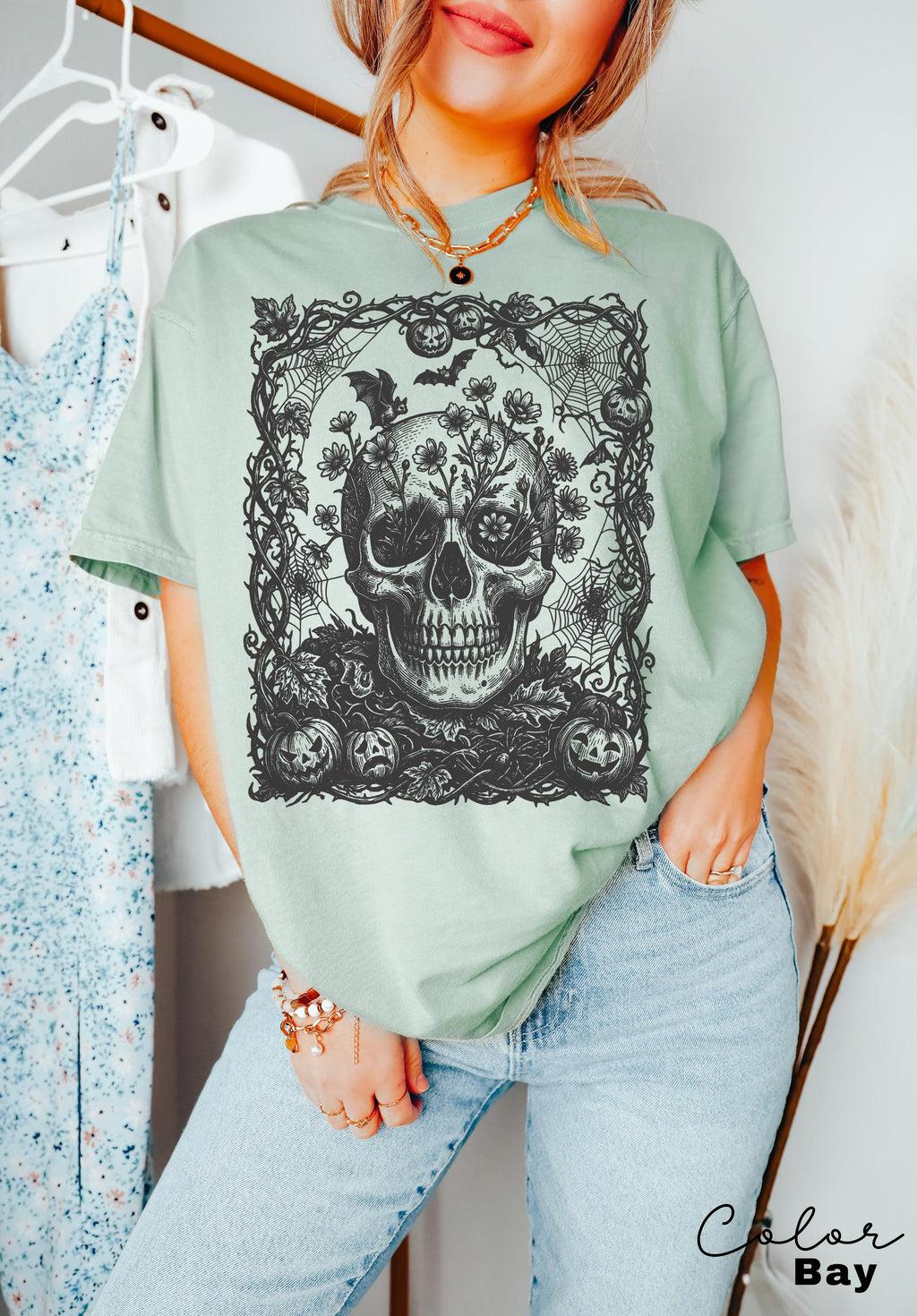 Dark Floral Skull Halloween Shirt, Gothic Skull Tee for Women