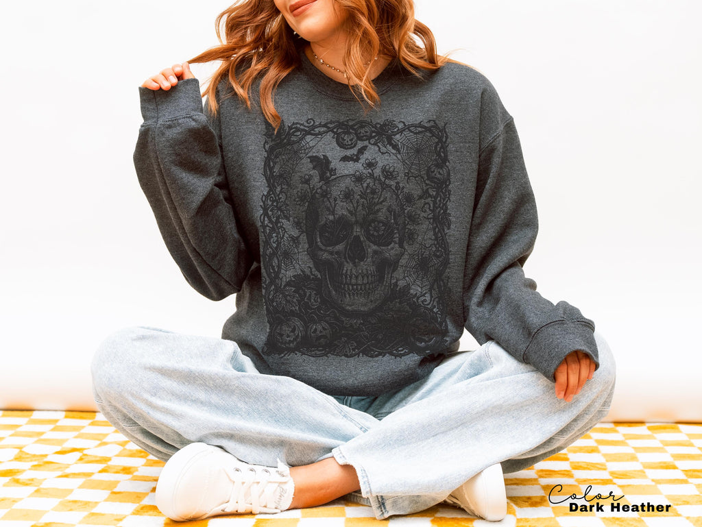 Dark Floral Skull Halloween Shirt, Gothic Skull Tee for Women