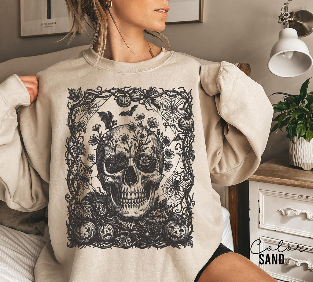 Dark Floral Skull Halloween Shirt, Gothic Skull Tee, Witchy Skull Halloween, Skull Lover Gift For Her