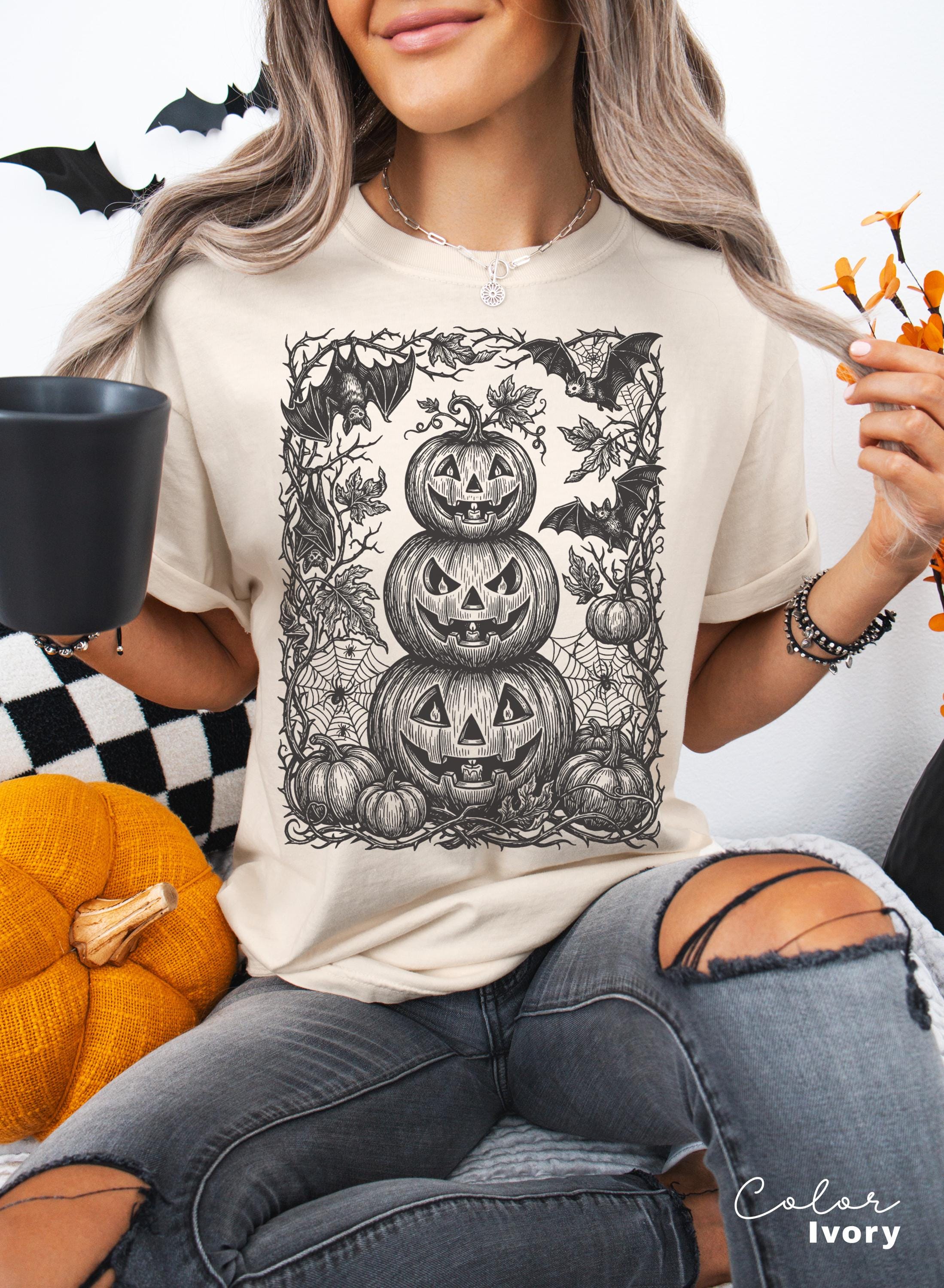 Gothic Jack O Lantern Halloween Shirt, Stacked Pumpkin Tee, Dark Botanical Halloween, Spooky Pumpkin Gift For Her