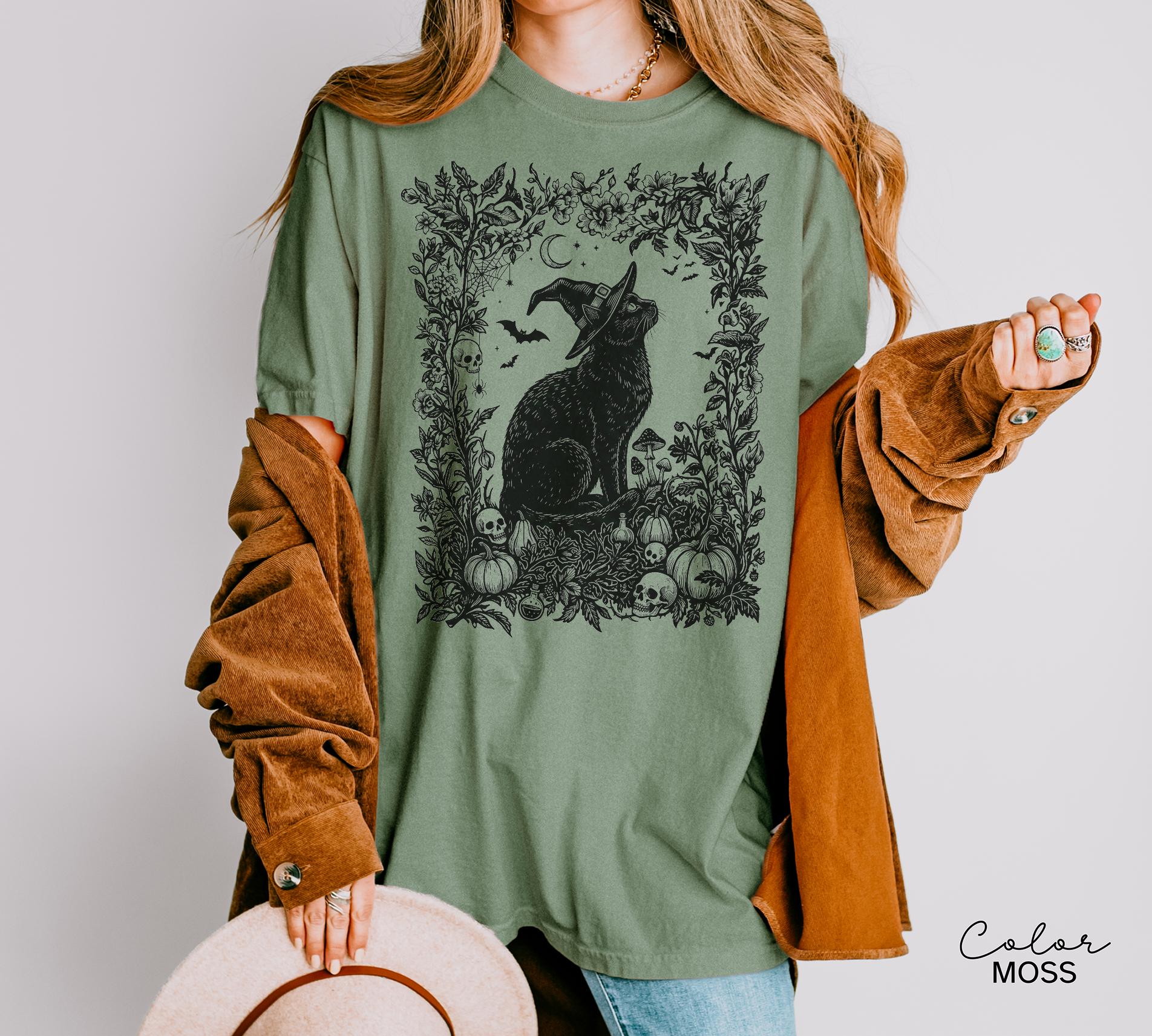 Dark Botanical Black Cat Halloween Shirt, Gothic Cat Tee