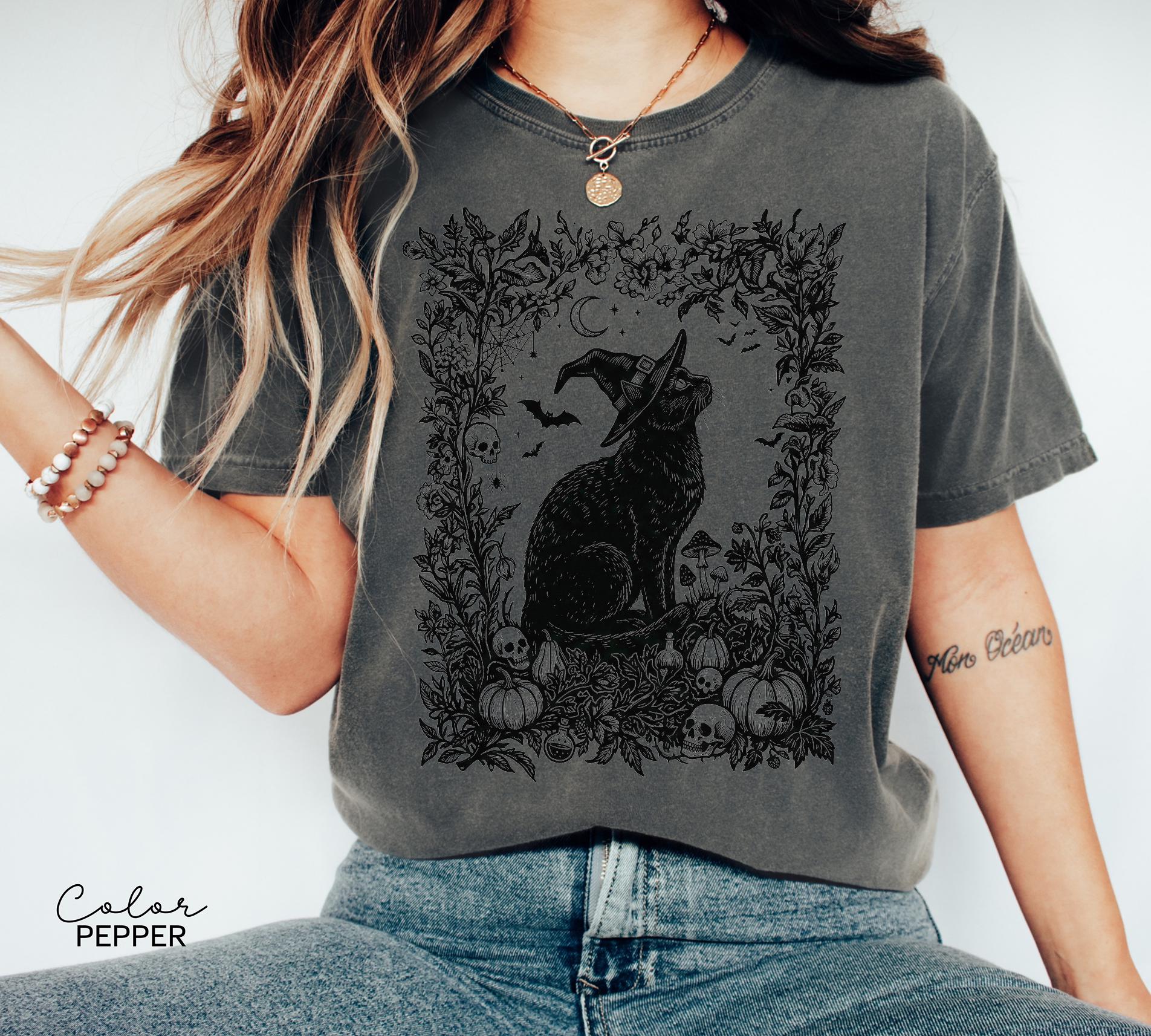 Dark Botanical Black Cat Halloween Shirt, Gothic Cat Tee, Witchy Halloween Cat Gift, Spooky Cat Lover Tee