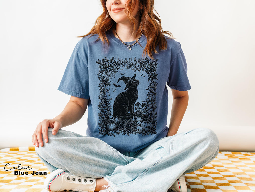Dark Botanical Black Cat Halloween Shirt, Gothic Cat Tee, Witchy Halloween Cat Gift, Spooky Cat Lover Tee